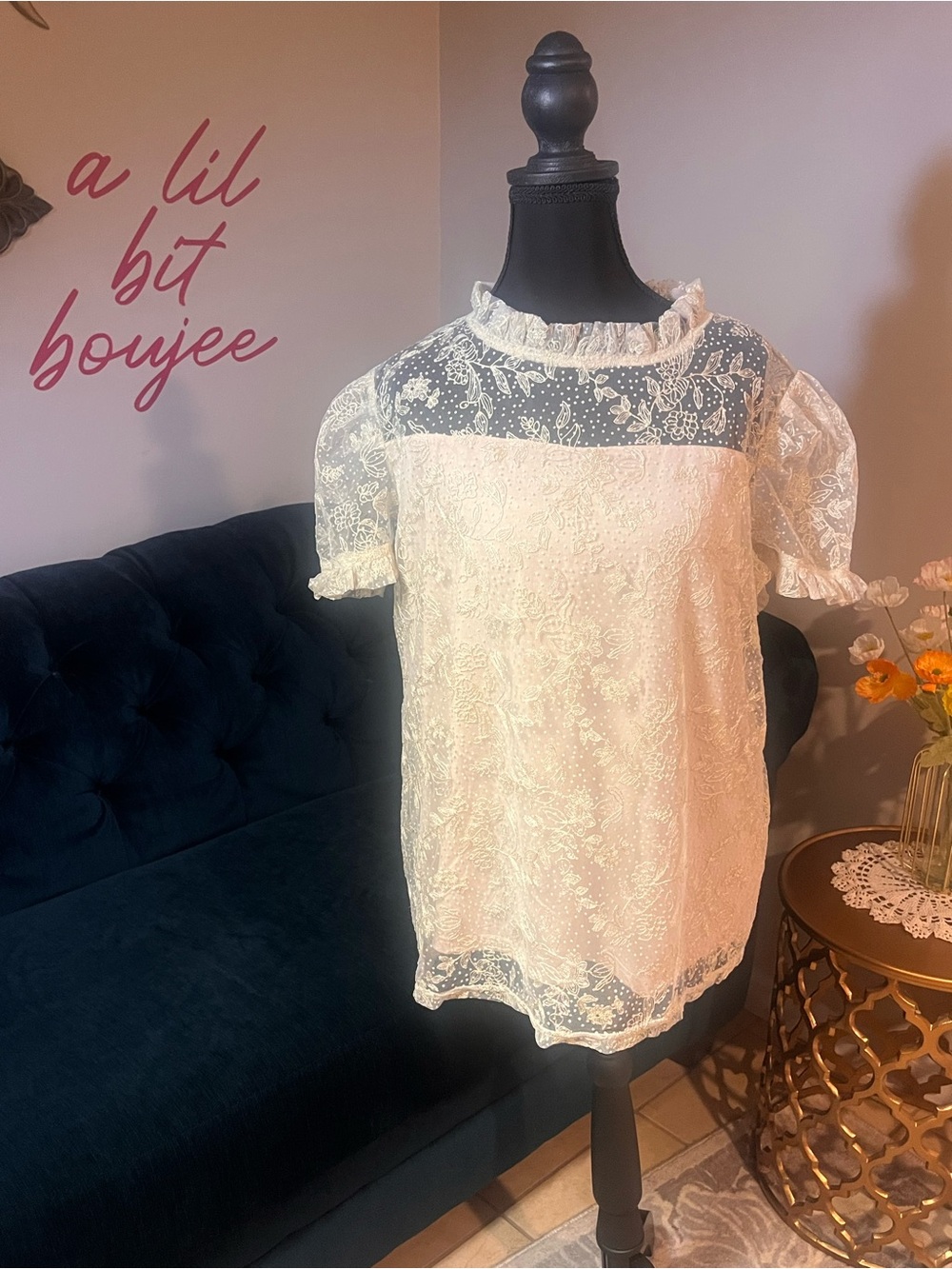 Ivory Lace Puff-Sleeve Blouse with Ruffled Blouse